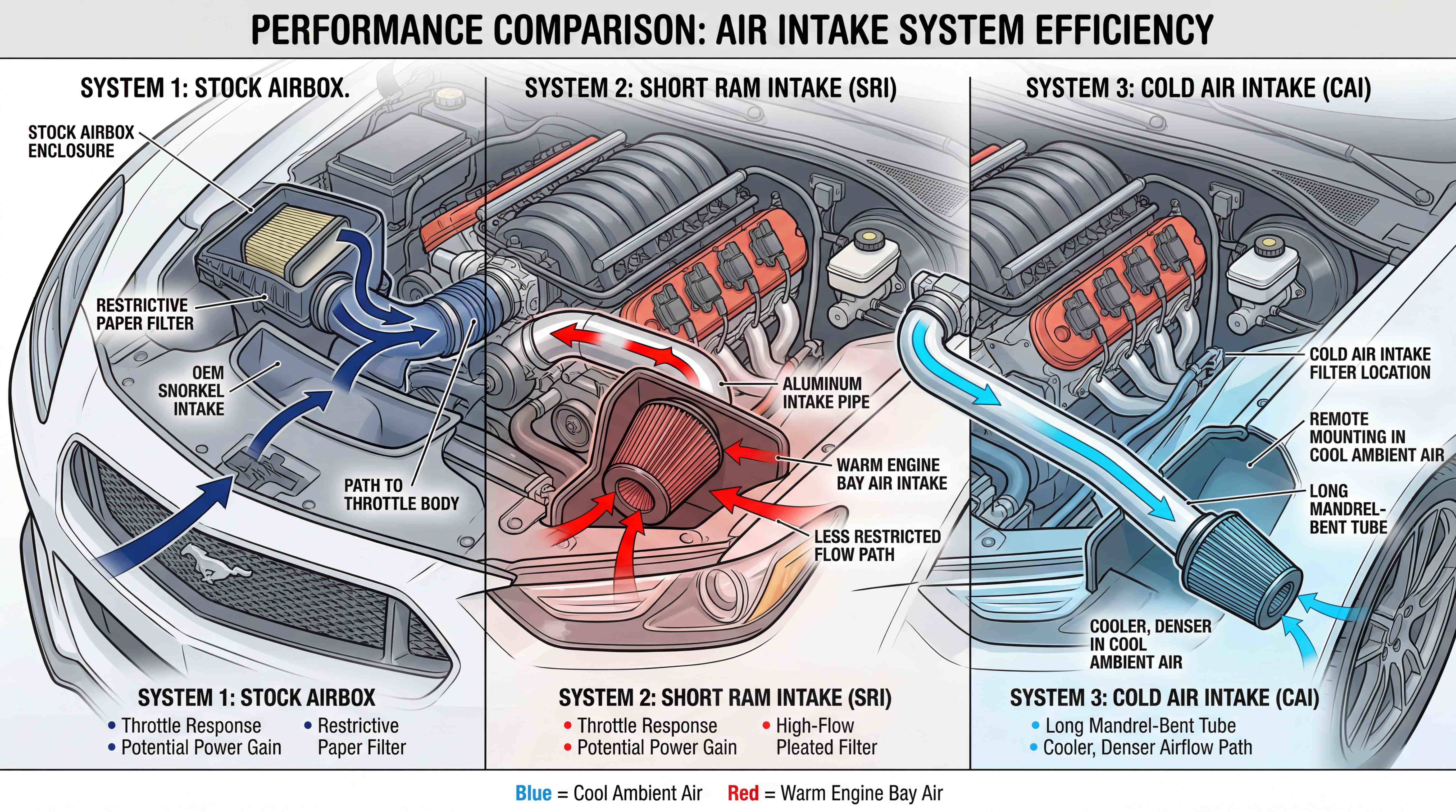 Performance comparison diagram of stock airbox, short ram intake and cold air intake showing airflow efficiency and temperature differences
